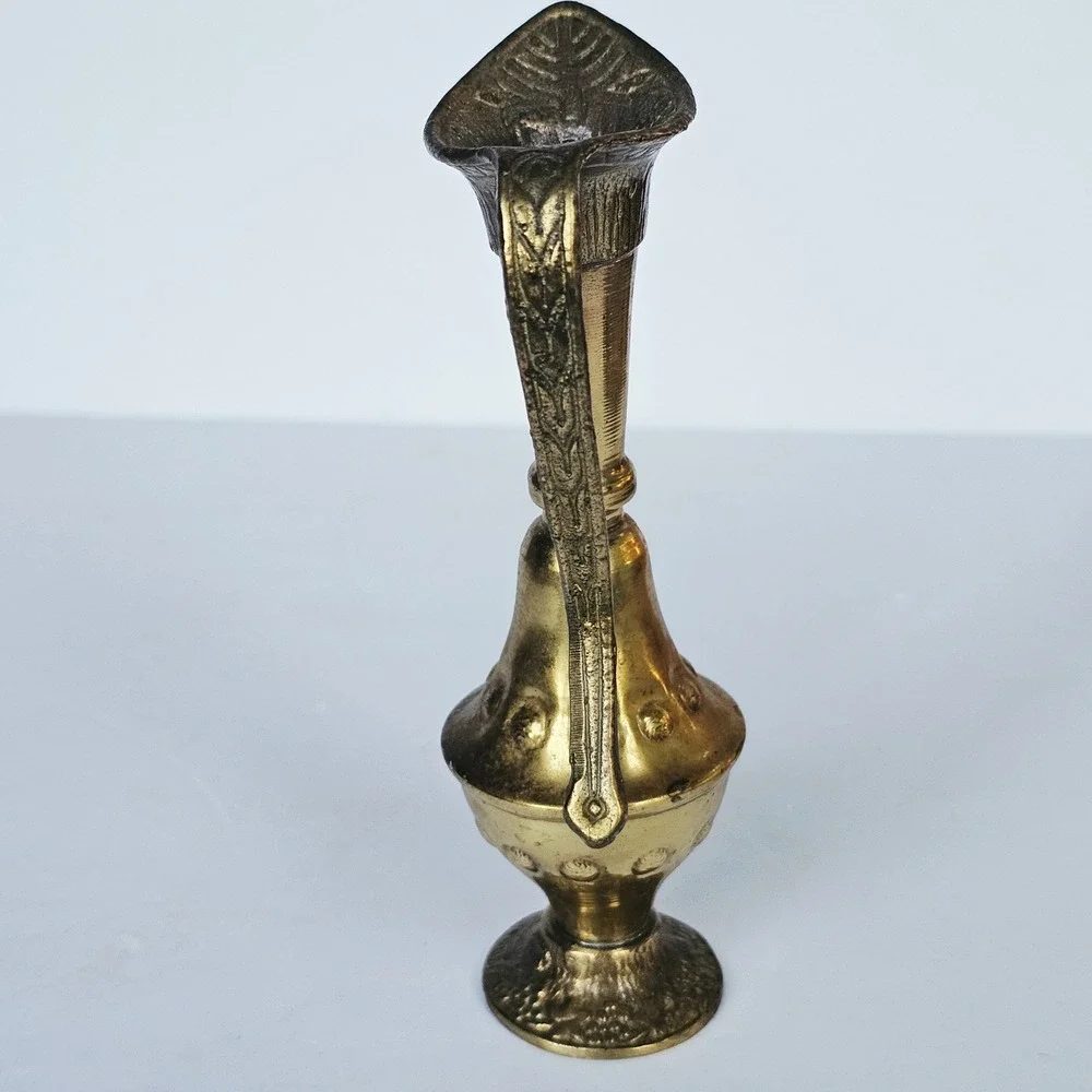 Vintage Perri Brass Pitcher Ewer Tall Neck Embossed Decorative Gold Vase 7.5